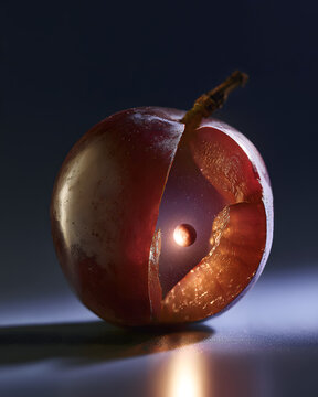 Dark Plum Split Open Revealing a Glowing Space Scene