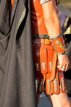 Roman soldier leather armor and bracer close up The Concept of ancient defense