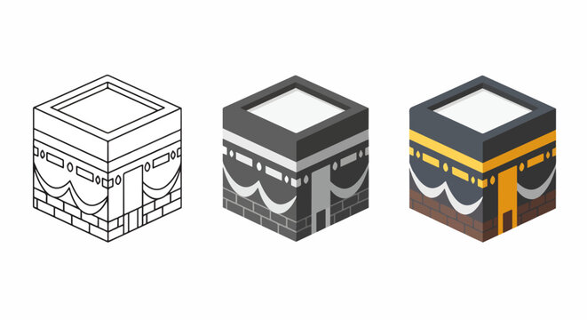 Kaaba cube building vector icon set - Flat icon, outline, glyph, linear, logo template - SVG icon - Black Icon, PNG icon- Clipart, sticker - icon set