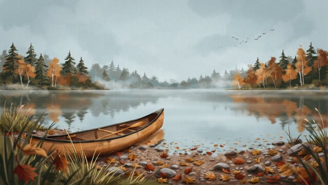 Wooden canoe resting upon a serene autumn lake shore surrounded by misty forest woodland scenery with shoreline beside tranquil docked pebbled shoreline