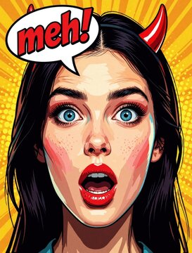 Young woman wears devil horns, says meh with wide eyes and open mouth. Pop art style illustration expresses surprise and discontent in vibrant colors.