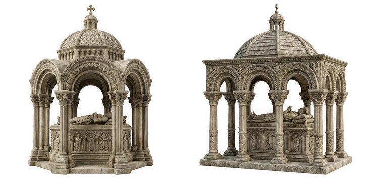 Ornate stone mausoleum tombs with statues of knights isolated on transparent background