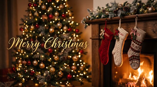 Cozy Christmas scene with decorated tree, fireplace, and stockings hanging by the fire