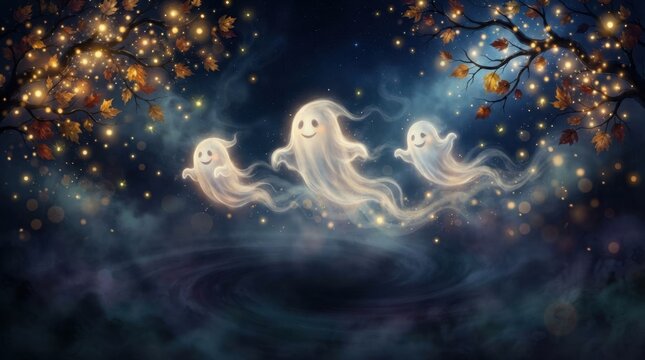 Magical glowing ghosts floating in mystical dark woods