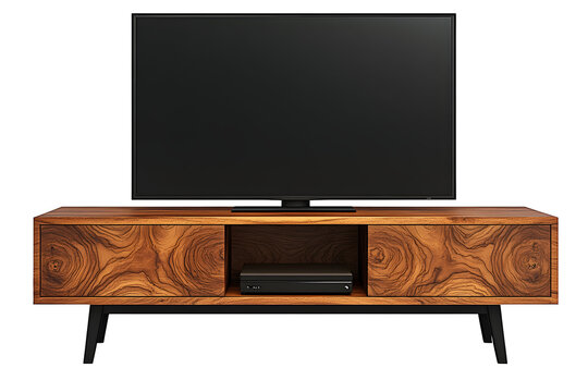 Modern flat screen television on a wooden media stand isolated on a transparent background