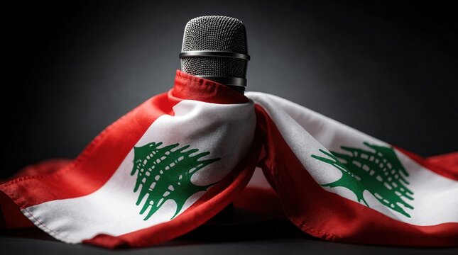 Lebanon flag wraps around pro microphone under dark dramatic lighting. Symbol of censored speech, silenced media, political repression in Beirut. Conceptual image of restricted freedom of expression,