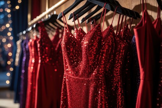 Shimmering red sequined dresses hang on hangers in a retail store. Various elegant formal gowns are displayed ready for a special event or party.