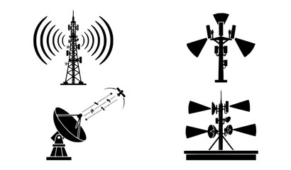 Fototapeta premium Wireless communication infrastructure silhouettes with broadcasting cell tower and satellite dish vector