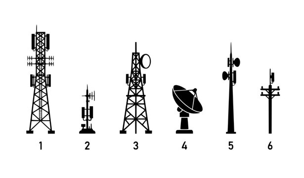 Communication tower silhouette collection with cell antenna radio mast and satellite dish vector icons