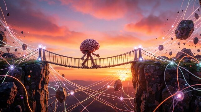 Anthropomorphic brain character walks on suspension bridge over deep canyon. Glowing lines, floating rocks surround human mind during sunset. Personified intellect faces risk to reach goal through