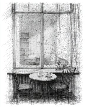 A hand-drawn scene shows a window with rain and a small table with two chairs. Tea cups sit on the table in a warm space.