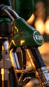 Green fuel pump nozzle labeled e20 covered in water droplets with warm sunset reflections at a fuel station during golden hour