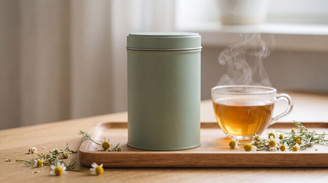 Matte Green Tin Can Mockup with Steaming Chamomile Tea and Flowers on Wooden Tray
