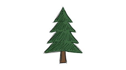 Obraz premium Whimsical Ink Style Doodle of a Single Evergreen Pine Tree Icon, Minimalist 2D Vector Illustration