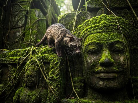 Wild Civet Cat Explores Ancient Moss-Covered Stone Faces in Jungle Temple Ruins