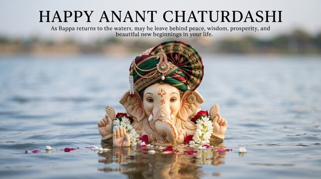 Statue of lord ganesha wearing a decorative turban and floral garlands, partially submerged in water during the anant chaturdashi festival immersion ritual