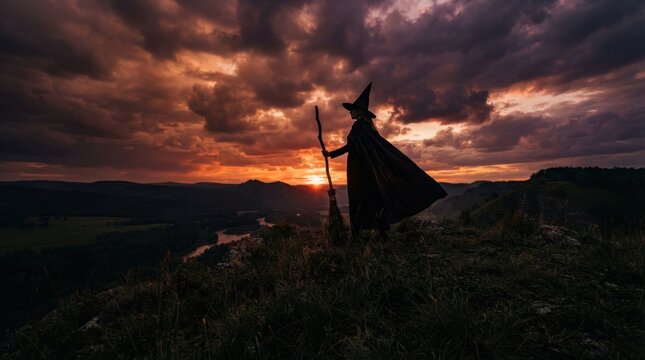 Witch standing on hill under dramatic sunset clouds