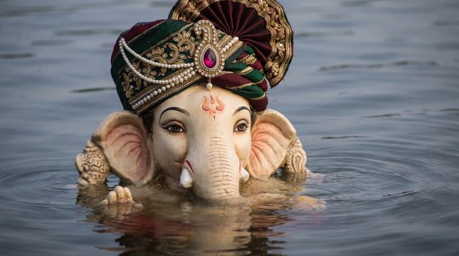 Statue of lord ganesha wearing a decorative turban with pearls and a red gemstone, partially submerged in rippling water during a traditional immersion ceremony