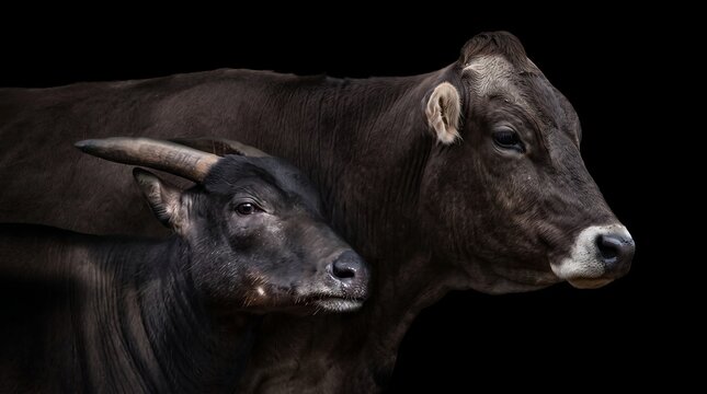 Portrait of brown cow and dwarf buffalo anoa on black background
