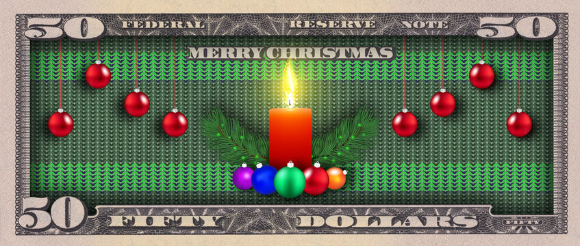 Festive illustration. Reverse, 50 dollars US bill. Merry Christmas. Brightly burning holiday candle, round colorful toys and knitted background. Green fir branches. Flyer, discount coupon or money