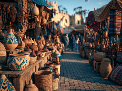 Traditional market with wooden stalls, woven baskets, and textiles under warm golden light. Soft blurred tourist silhouettes with left copy space. Commercial photo ideal for travel branding campaigns.