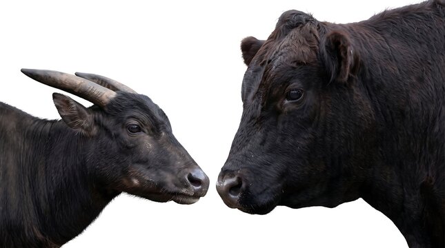 Anoa and domestic cattle facing each other isolated on white