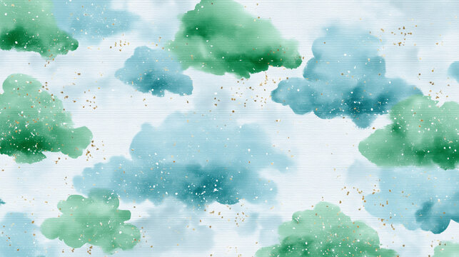 Green and blue watercolor cloud background with gold flecks