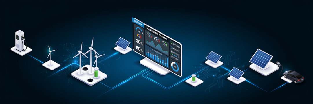 technology and busingess theme background Smart energy management system showing renewable energy sources connected to a digital dashboard and electric car