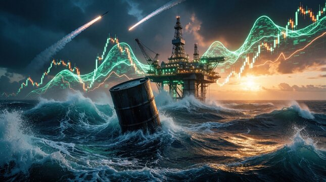 Futuristic oil rig platform in stormy ocean at sunset. Digital green data waves, stock market charts overlay turbulent sea. Single oil barrel floats in rough water. Concept of energy economy, global