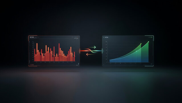 technology and busingess theme background Modern data visualization showing bar chart transforming into exponential growth line graph on screens