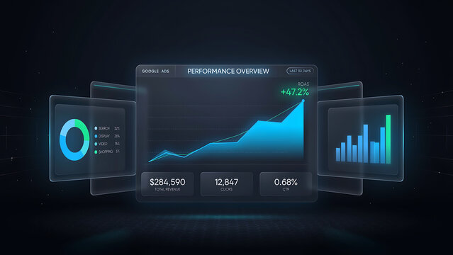 technology and busingess theme background Modern digital dashboard showing performance overview with analytics chart and metrics