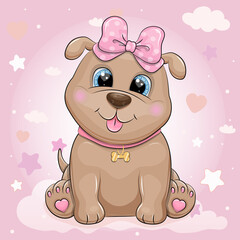 Cute Cartoon Puppy with Pink Bow. Vector illustration of a dog on pink background with stars and hearts.