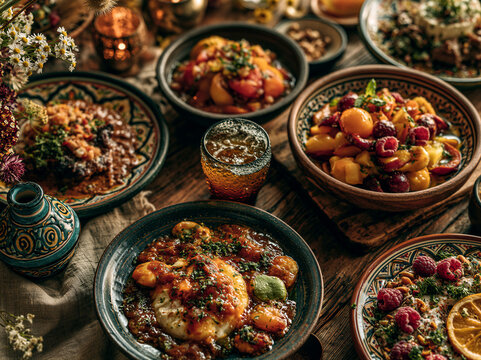 Top-down food flat lay featuring local cuisine, vibrant fruit, and artisan drinks on rustic wood, warm golden lighting with right-side copy space for travel blog headers and culinary marketing...