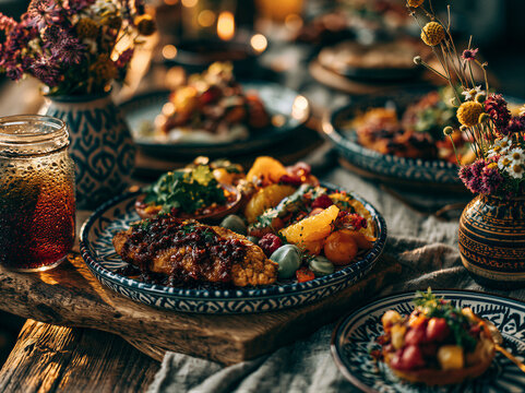 Top-down food flat lay featuring local cuisine, vibrant fruit, and artisan drinks on rustic wood, warm golden lighting with right-side copy space for travel blog headers and culinary marketing...