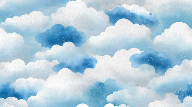 Blue watercolor sky pattern with white and blue clouds and gold flecks
