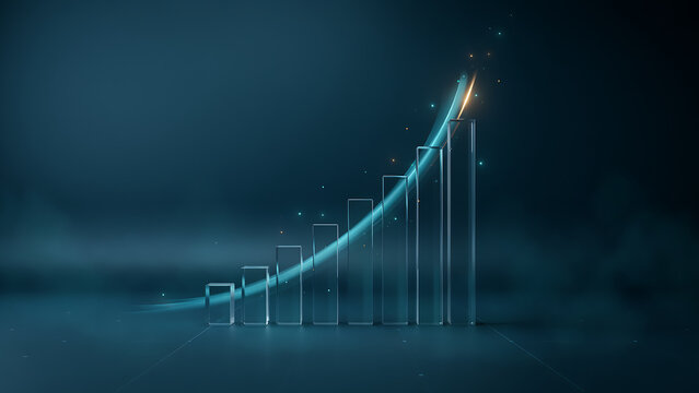 technology and busingess theme background Growing futuristic bar chart with glowing blue line and ascending blocks in dark space background