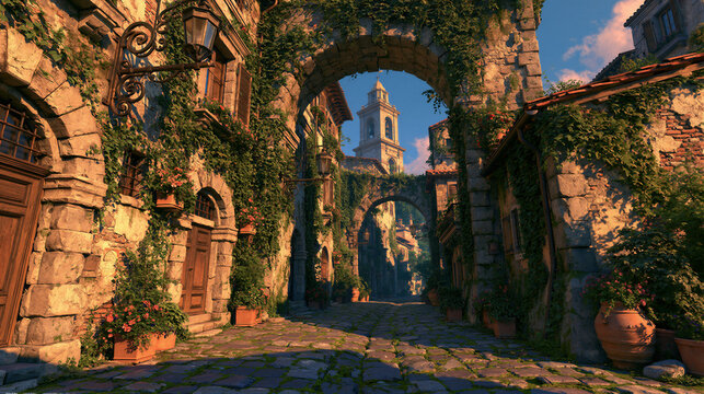 Ancient European cobblestone street with ivy and terracotta pots, archways leading to a bell tower. Golden hour light, cinematic depth, right copy space, perfect for travel tourism marketing.