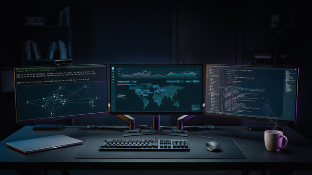 technology and busingess theme background Modern triple monitor workstation with gaming setup and mechanical keyboard
