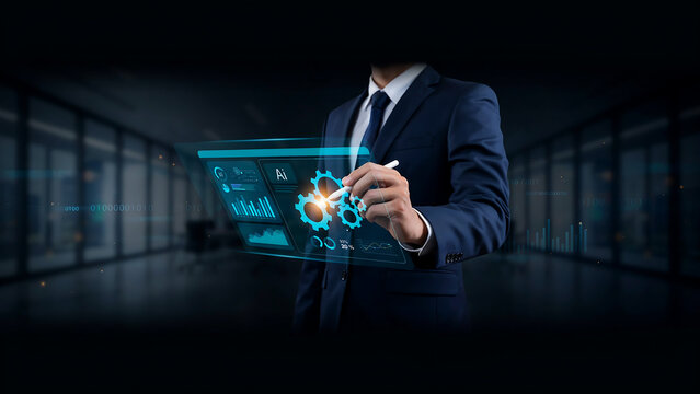 technology and busingess theme background Business professional using digital tablet with futuristic data interface and ai elements