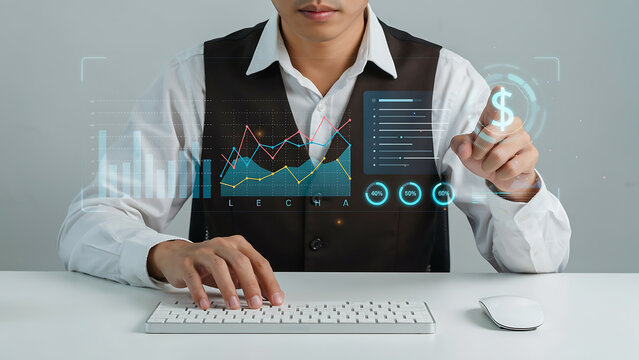 technology and busingess theme background Business professional working on laptop with financial charts and mobile phone