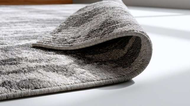 Soft textured rug with curled corner lying on a white floor showcasing intricate patterns and a neutral color palette in natural daylight setting