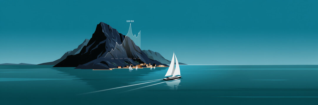 technology and busingess theme background White sailboat cruising near a rocky island with small lights at night