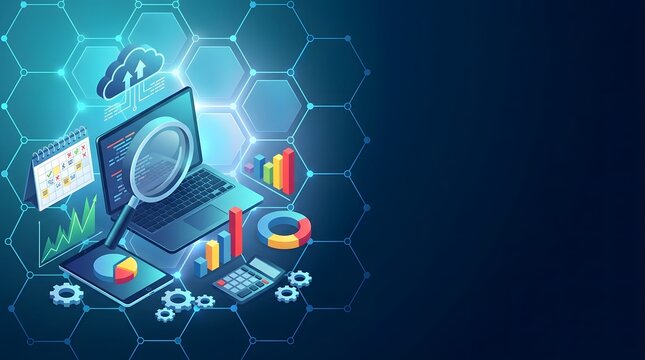 Isometric 3D vector illustration of business data analysis, financial dashboard, magnifying glass searching data on laptop screen, and cyber security technology background with copy space.