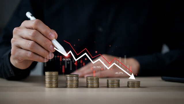 technology and busingess theme background Hand drawing downward stock market graph with falling coins on dark background
