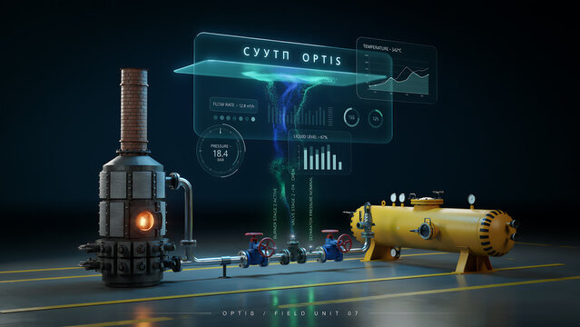 technology and busingess theme background Sci-fi control room with futuristic monitor displaying cyvith optis and industrial machinery