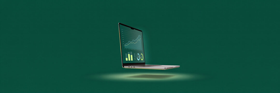 technology and busingess theme background Laptop displaying analytics dashboard with charts and graphs on green background