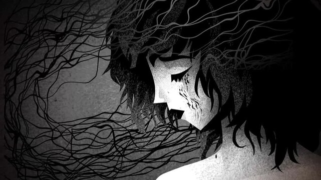 sad woman with tangled threads of thoughts surrounding her head