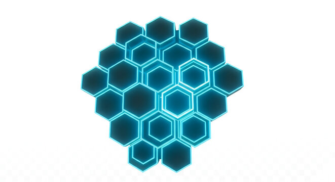 Blue glowing hexagon grid pattern. Futuristic honeycomb shape isolated on white background.