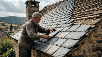 Fototapeta premium Experienced male roofer installs new slate tiles on old stone house roof. Skilled craftsman performs traditional renovation work on historic building. Pro handyman repairs exterior roof using natural
