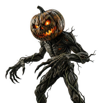 Detailed portrait of a terrifying treelike monster with a glowing pumpkin head isolated on transparent background